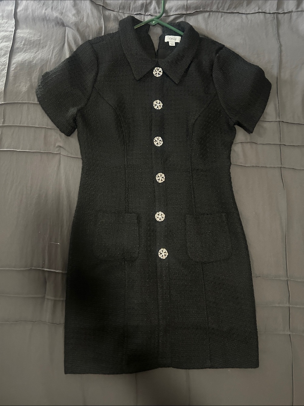 CeCe Black Tweed Short Sleeve Mini Dress with Statement Buttons